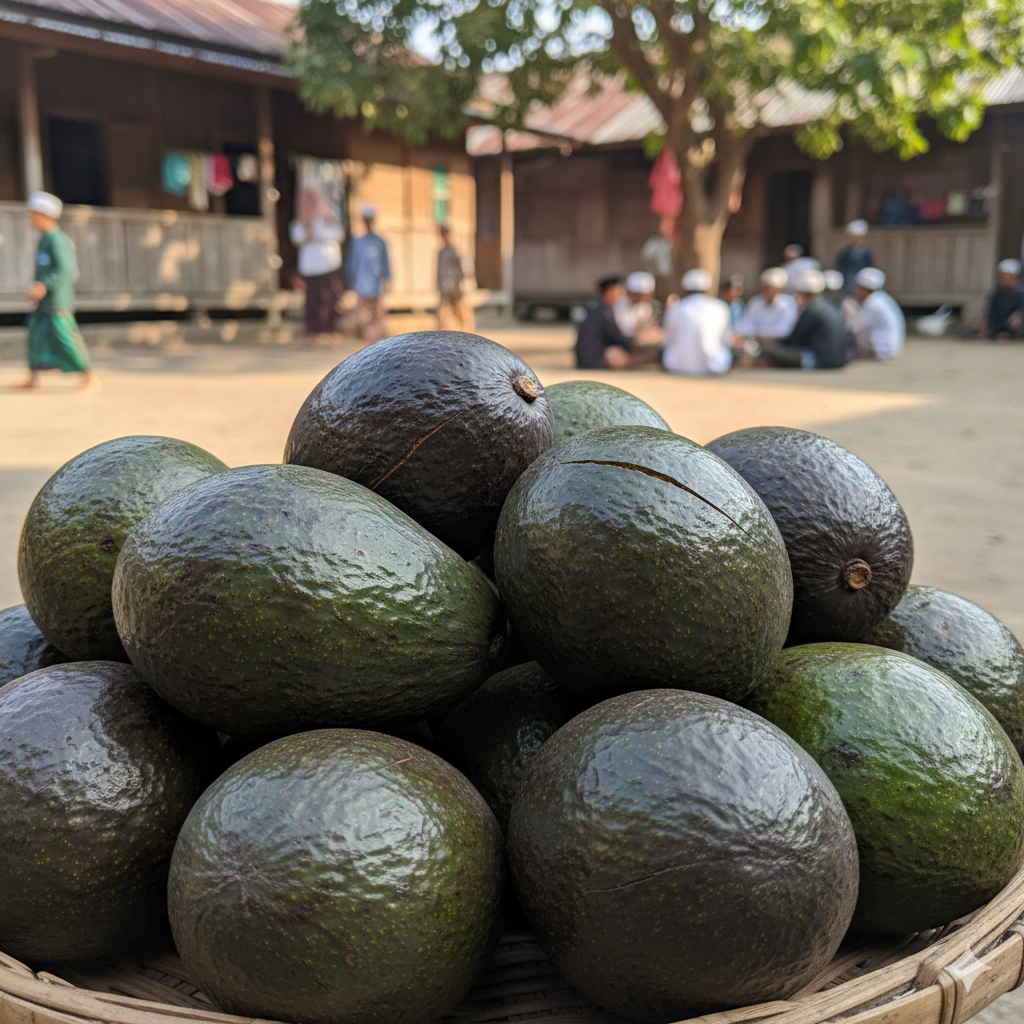 Foto tumpukan alpukat mentega premium segar milik Astana Avocado di samping logo yang sedang berdonasi ke sebuah pondok pesantren.