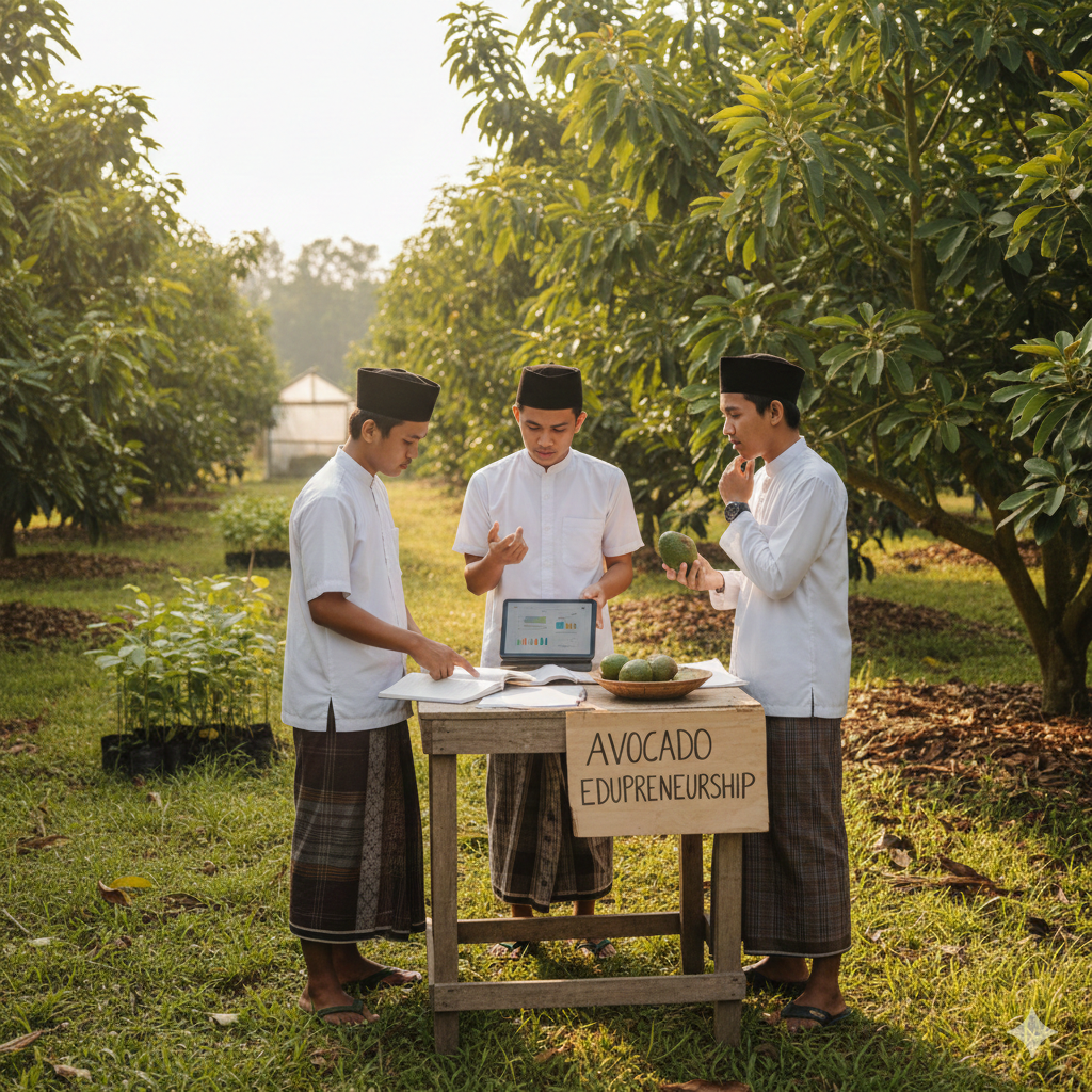 Santri mengamati buah alpukat di kebun Astana Avocado, ilustrasi model bisnis pesantren yang mandiri.