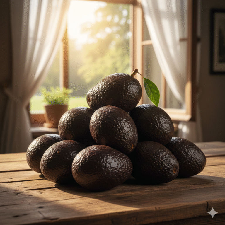 Seorang wanita tersenyum sambil memegang setengah buah alpukat mentega Astana yang sudah matang sempurna