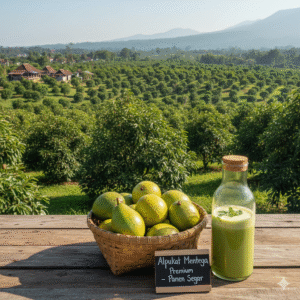 Tumpukan alpukat segar di kebun dengan botol jus alpukat murni Astana Avocado di depannya.