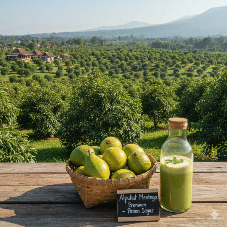 Tumpukan alpukat segar di kebun dengan botol jus alpukat murni Astana Avocado di depannya.