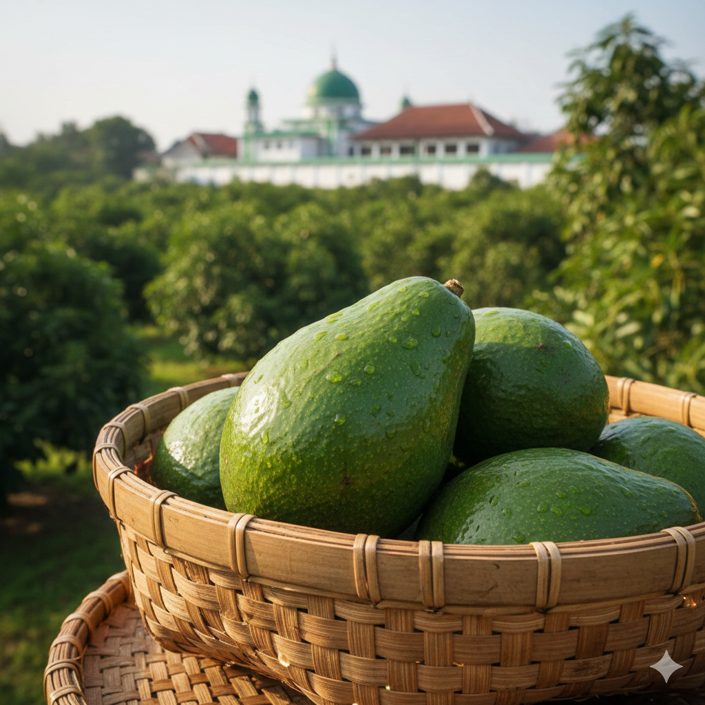 Foto tumpukan alpukat mentega premium segar hasil panen dari kebun organik di dekat pesantren