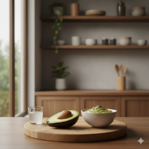 Semangkuk besar alpukat kocok dengan kurma dan madu, melambangkan Resep alpukat Insan Kamil yang sehat.