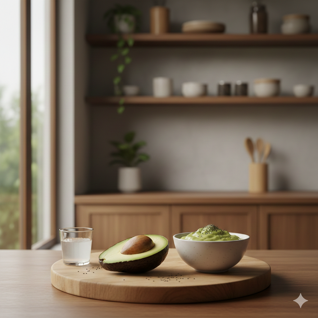 Semangkuk besar alpukat kocok dengan kurma dan madu, melambangkan Resep alpukat Insan Kamil yang sehat.