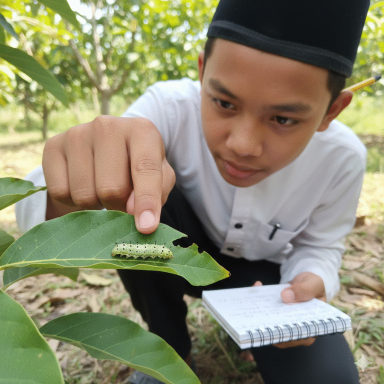 Santri Pesantren Insan Kamil menyemprotkan pestisida nabati pada pohon alpukat