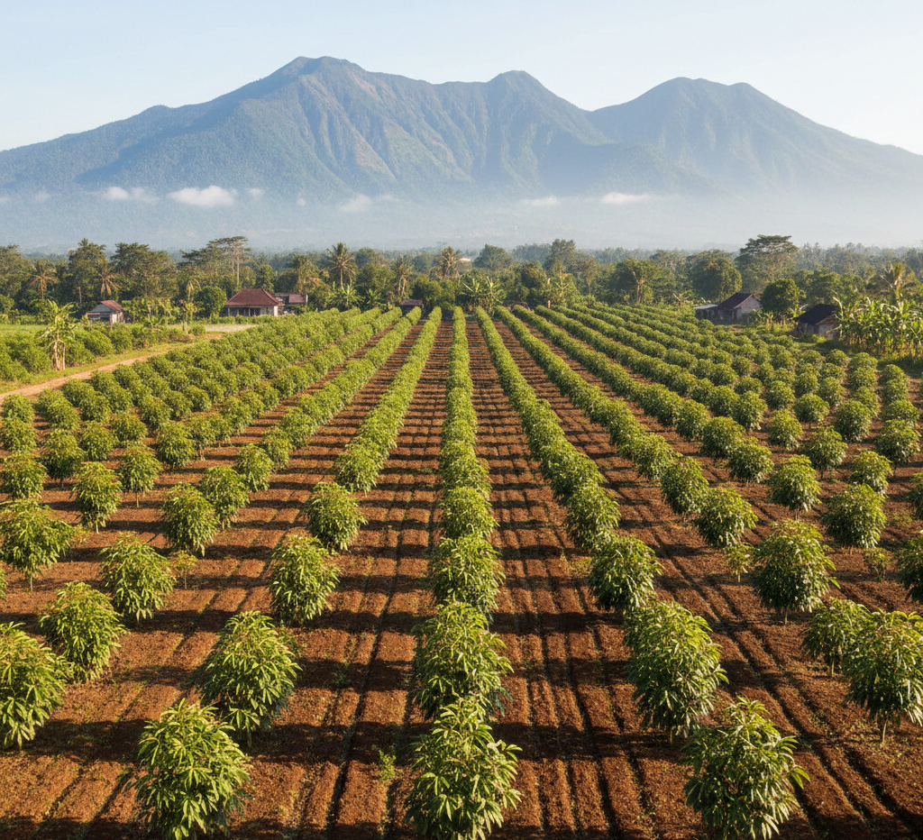 Petani menunjukkan buah alpukat berkualitas tinggi di depan kebun yang subur hasil dari kemitraan bibit alpukat Astana Avocado
